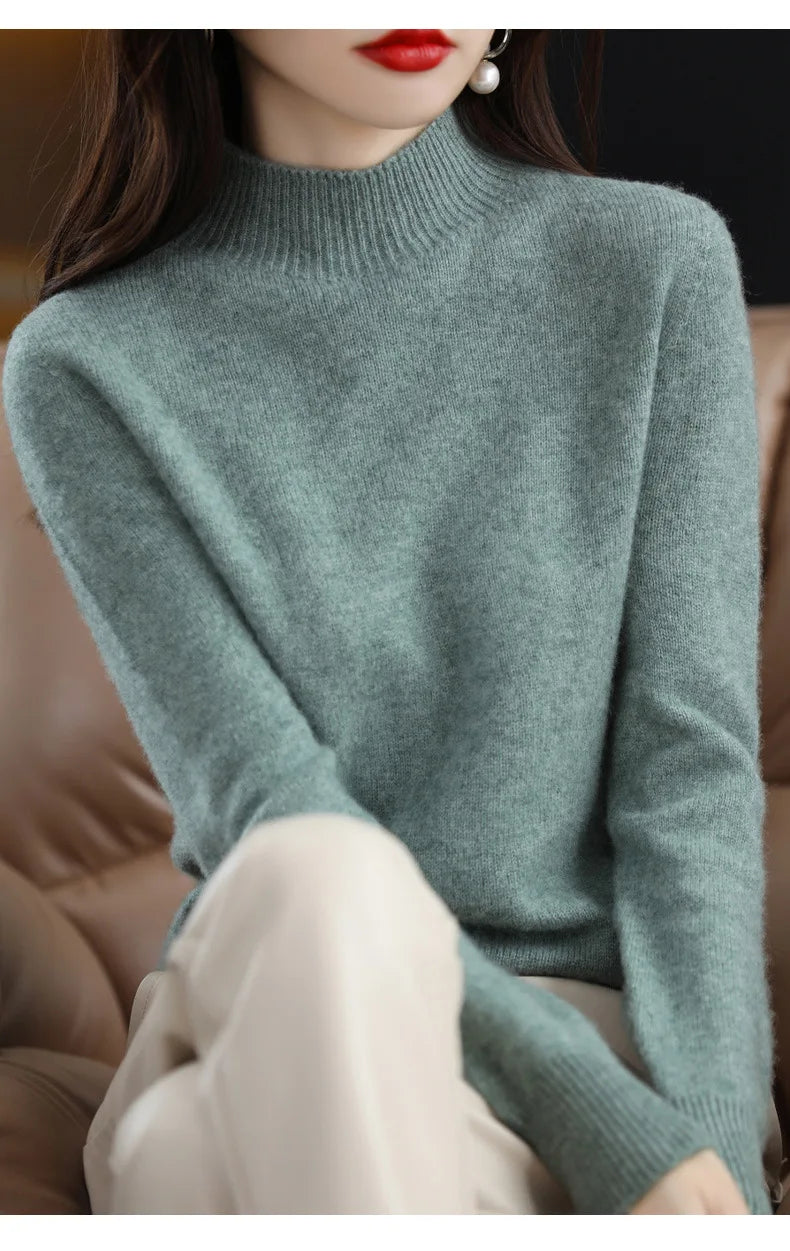 Herbst Winter Frauen Pullover Koreanische Mode Warme Bodenbildung Shirts Halb Hohe Kragen Grundlegende Strickwaren Solide Langarm Pullover