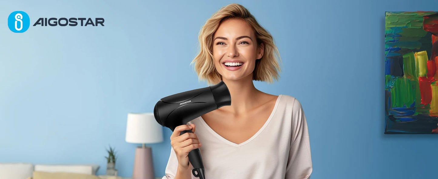 Aigostar Ionic Hair Dryer, Travel Hair Dryer with Foldable Handle, 2 Speeds and 3 Temperature Settings, 2400 W
