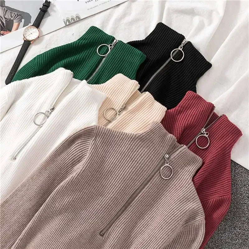 Frauen Fashion Solid Strick Pullover Vintage Langarm Zip-up Grundlegende Hälfte Rollkragenpullover Weibliche Pullover Chic Casual Tops