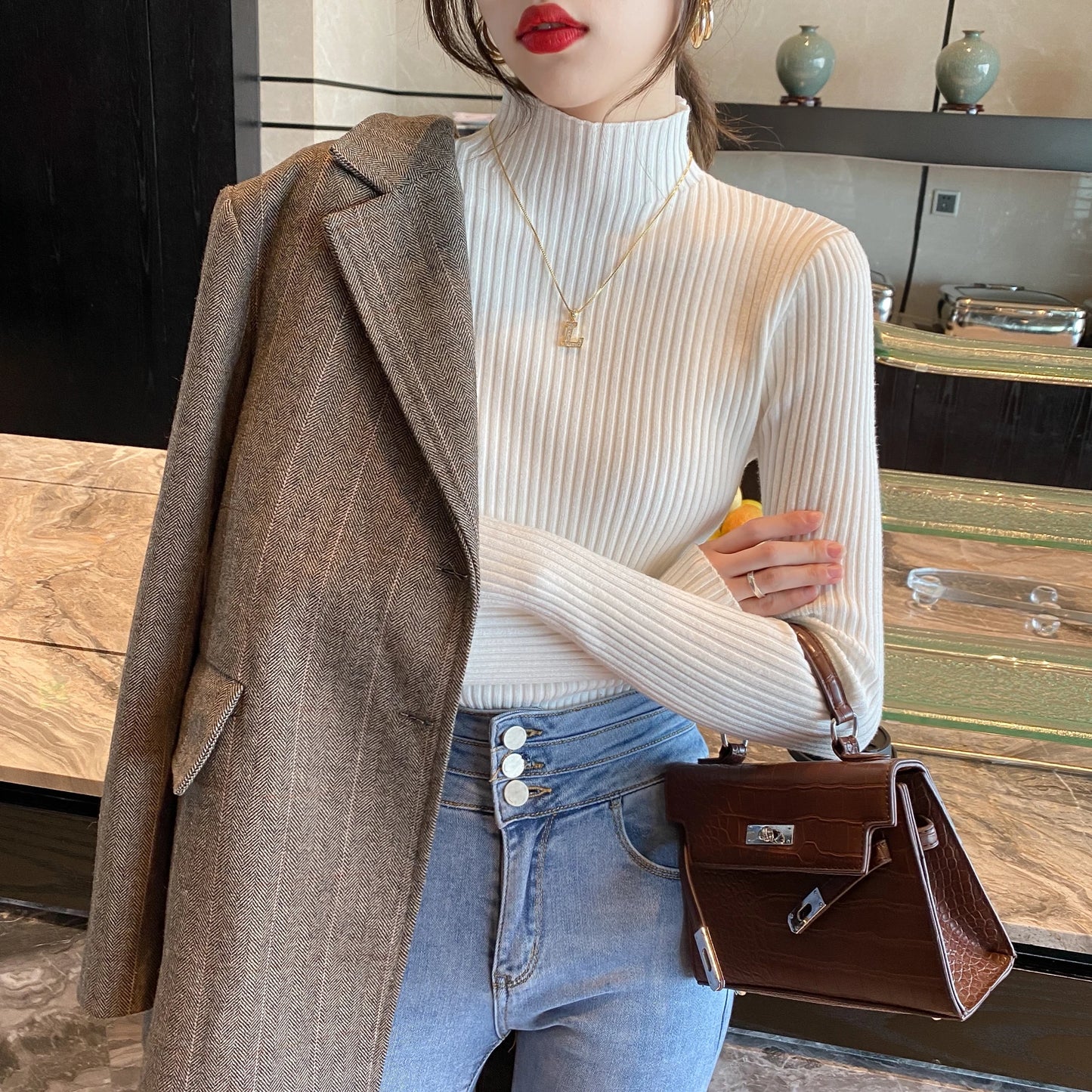 Winter Langarm Mock Neck Gestrickte Frauen Pullover Pullover Schlank Stricken Pullover Frauen Tops Blusas Mujer De Moda 2024 Blusa J995