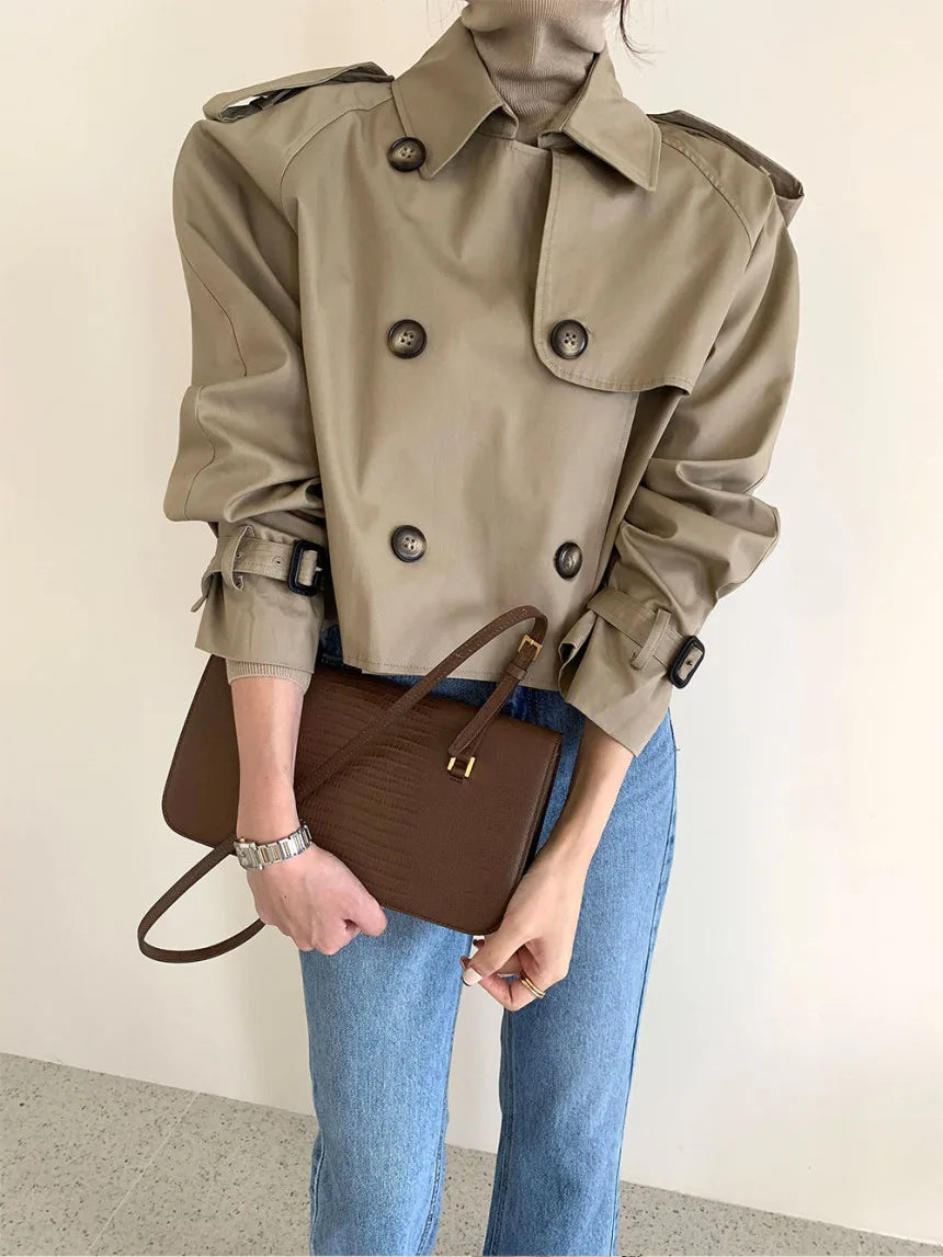 Vintage Zweireiher Graben Jacken Frauen Lose Chic Büro Dame Crop Tops Herbst Weibliche Mäntel Alle-spiel Lose Windjacke