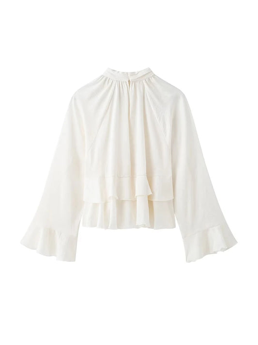 Women's Long Sleeve Ruffled Blouse Stand Collar Chic Fashion Top Elegant Female Shirt.