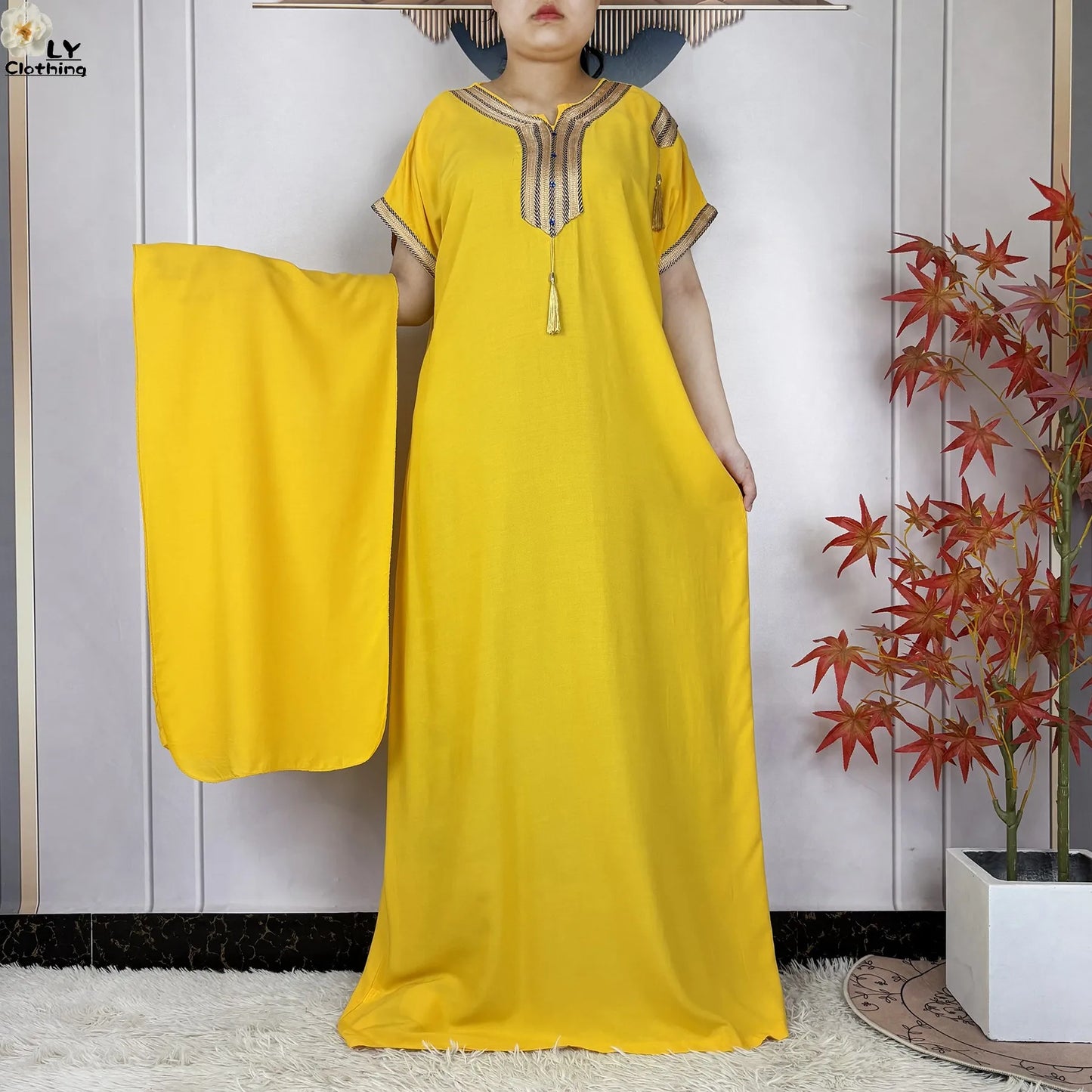 New Muslim Abayas Summer Short Sleeve African Dashiki Tassels Cotton Loose Caftan Lady Maxi Islam Casual Dresses With Headscarf