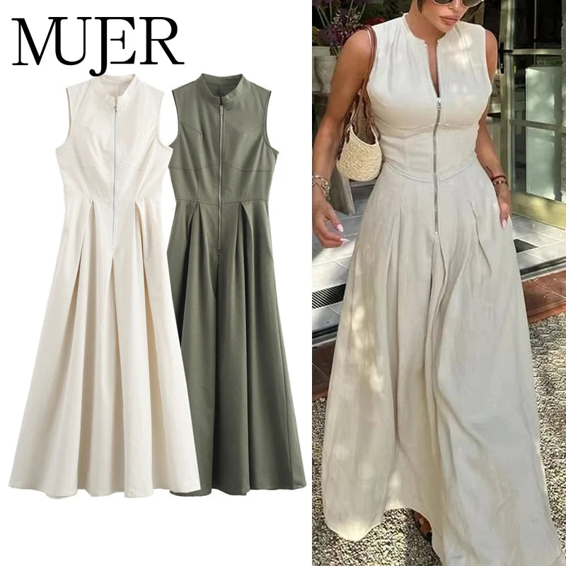 MUJER Zipper Langes Kleid Frau Plissee Ärmelloses, Figurbetontes Kleid Sommer Elegante Party Kleider Für Frauen 2025, Neue Midi Kleider