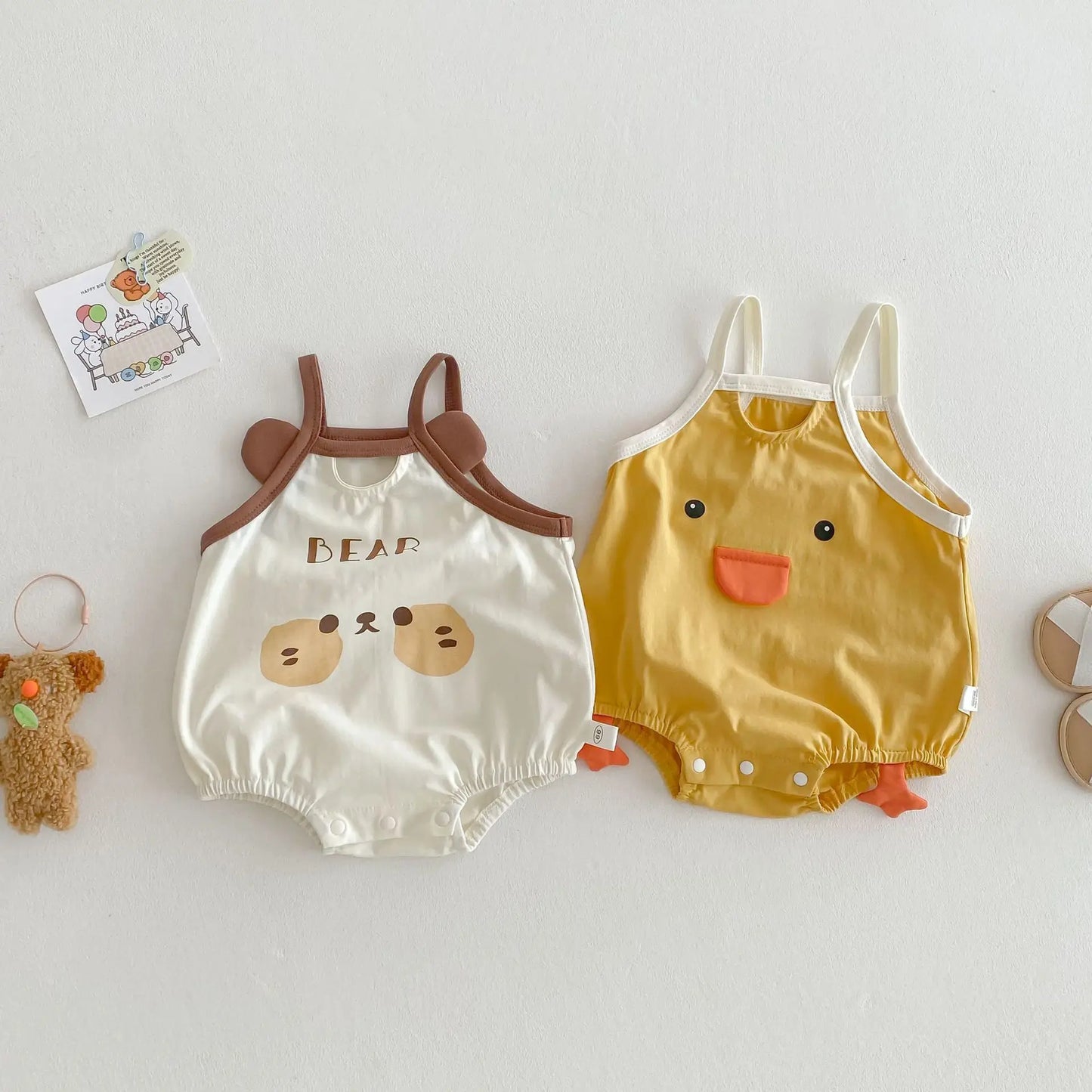 0–2 Jahre Baby-Strampler aus Baumwolle mit Tier-Cartoon-Motiv – bezaubernde Enten- und Bären-Designs – weich und bequem für Babykleidung