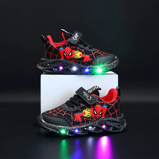 Disney LED Casual Sneakers Red Black For Spring Boys Mesh Outdoor Shoes Children Lighted Non-slip Shoes Size 21-30.