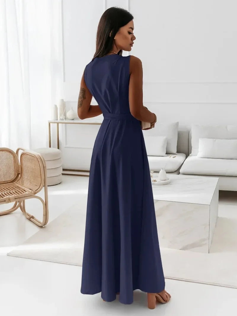 Frühling Sommer Neue Stil frauen Lange V-ausschnitt Kleid Reine Farbe Maxi Kleid Ärmelloses Empire-Taille Kleid für Damen Modische