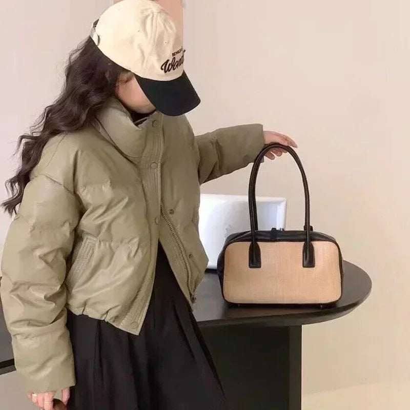 Winter Warme Dicke Parkas Frauen Neue Mode Lose Ernte Jacke Weibliche Schwarz Baumwolle Gepolsterte PU Leder Elegante Zipper Mantel Y2K Tops