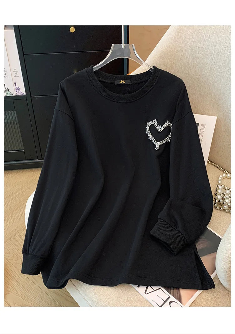 150 kg Übergröße Damen Büste 155 Frühling Herbst Lose Sweatshirt mit hellem Diamantherz Schwarz 5XL 6XL 7XL 8XL 9XL