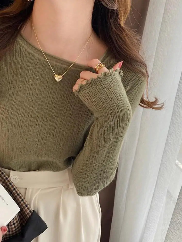 2025Oansatz Rippen Langarm Koreanische Dünne Weibliche Pullover Frauen Pullover Stricken Weiche Jumper Tops Geraffte Herbst Winter Tops