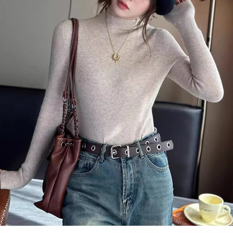 Herbst Winter Pullover Pullover Bodenbildung Shirt Frauen Gestrickte Shirts Weibliche Lange Hülse Mock Neck Elastische Dünne Pullover Stricken Tops