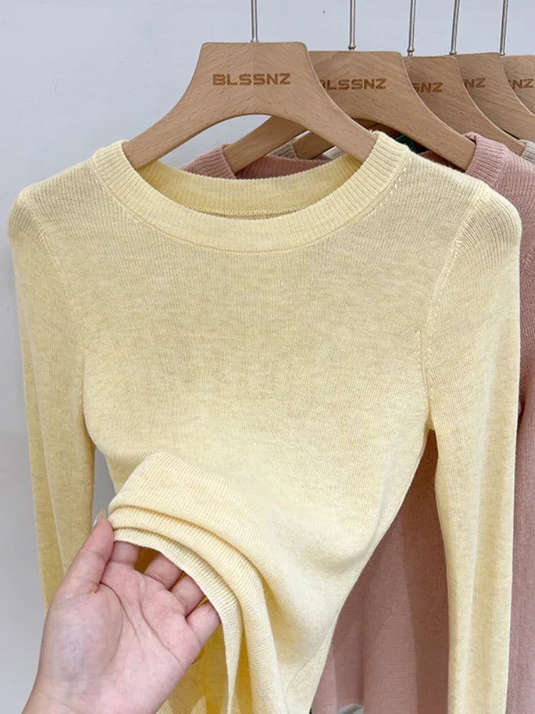 Spring Basic O-Neck Slim T-Shirt Women Solid Multi Color All-Match Trend Casual Top Screw Knit Long Sleeve Elastic Office Lady