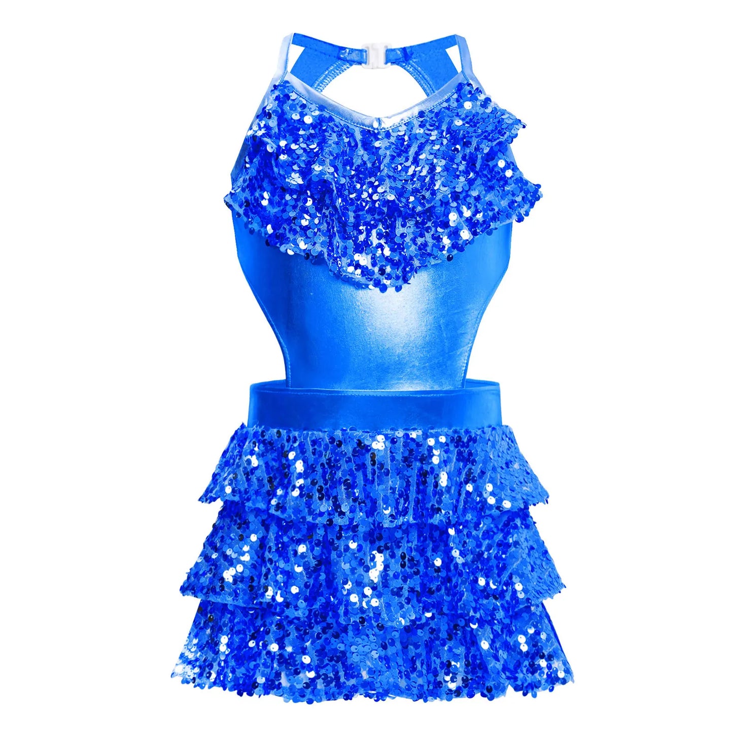 Kinder Mädchen Pailletten Jazz Ballett Tanzkleid Ärmellos Ausschnitt Tiered Rüschen Trikot Salsa Samba Rumba Skating Performance Kostüm