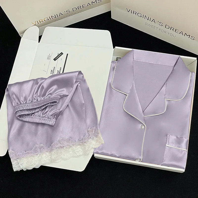 Sommer Damen Eis Seide Premium Gefühl Pyjamas Homewear Set Mädchen Kurzarm Sexy Spitze Spitze Einfache Pyjamas Homewear Set