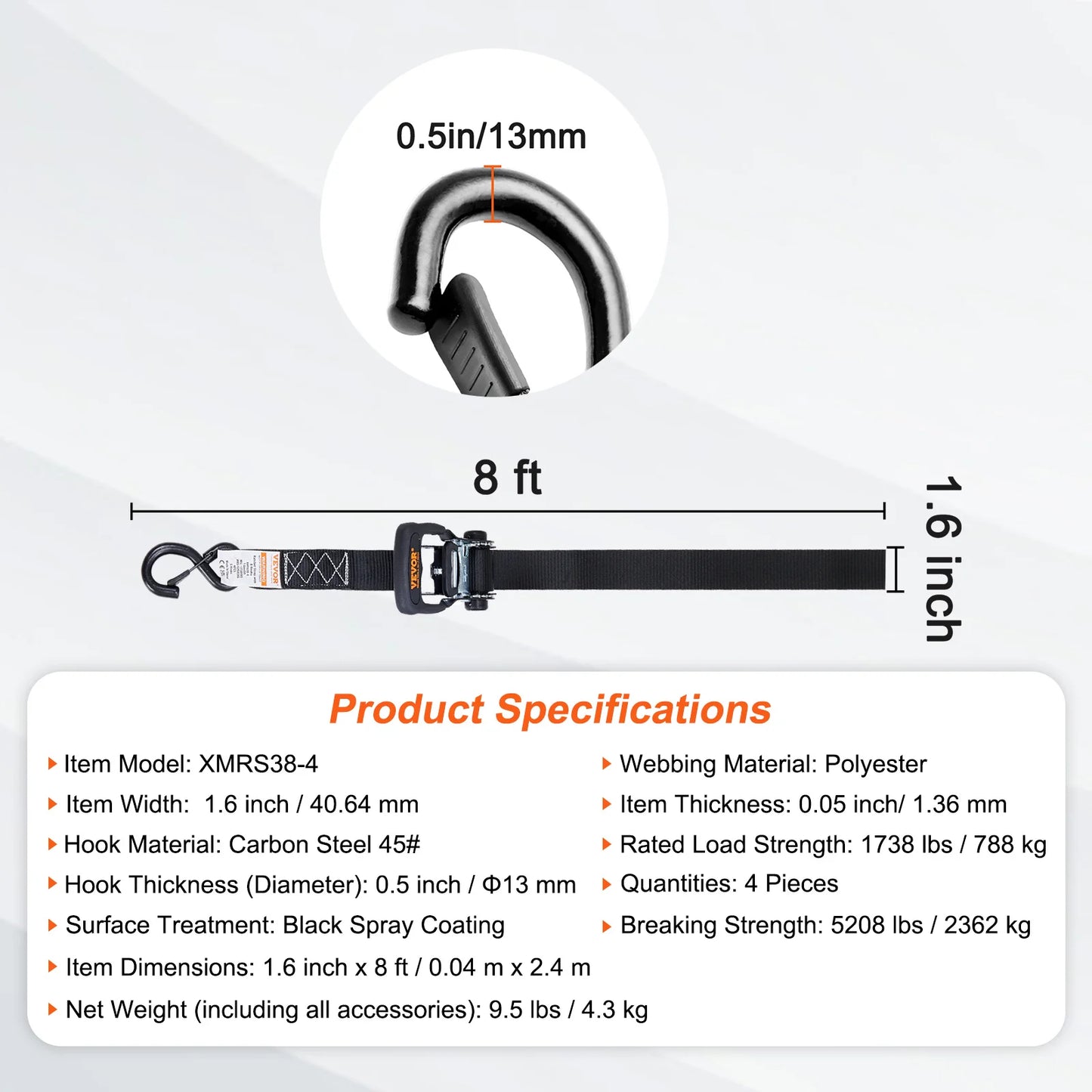 SucceBuy 4 Stück Anhänger-Ratschen-Spanngurte mit gepolsterten Griffen, Haken-Bremsbindegürtel für die Bewegen, Sicherung von Fracht und Motorrädern