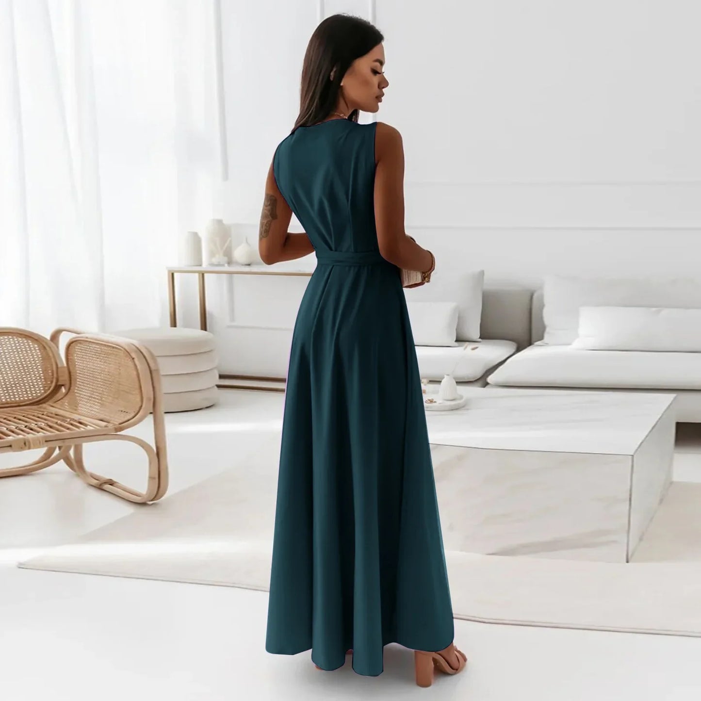 Frühling Sommer Neue Stil frauen Lange V-ausschnitt Kleid Reine Farbe Maxi Kleid Ärmelloses Empire-Taille Kleid für Damen Modische
