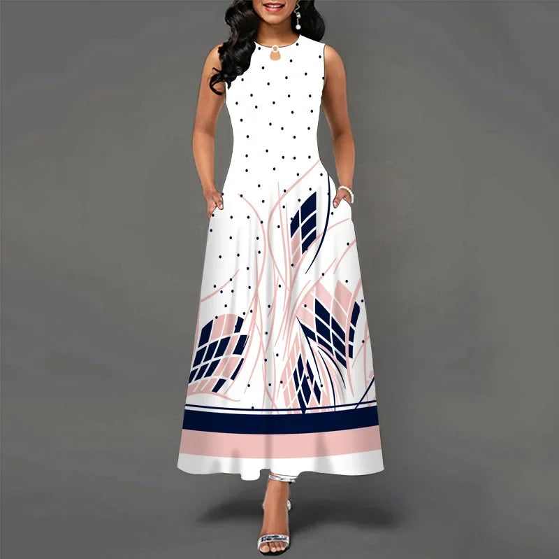 Blumendruck Neues lässiges ärmelloses langes Kleid Damen V-Ausschnitt bedrucktes Kleid Swing Bohemian Retro Kleider