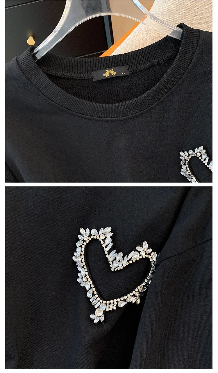150 kg Übergröße Damen Büste 155 Frühling Herbst Lose Sweatshirt mit hellem Diamantherz Schwarz 5XL 6XL 7XL 8XL 9XL