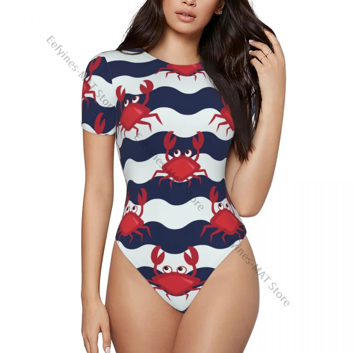 Frau schlanke Boden Overall nautische Krabben niedlichen Krabben und gestreiften Hintergrund weibliche kurze Overall Bodysiut sexy Kleidung