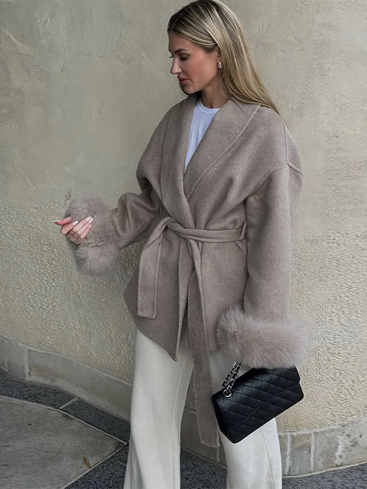 2025 Chic Revers Plüsch Mantel Mit Gürtel Frauen Vintage Feste Faux Pelz Hülse Tweed Offene Mäntel Weibliche Herbst Casual Straße outwear