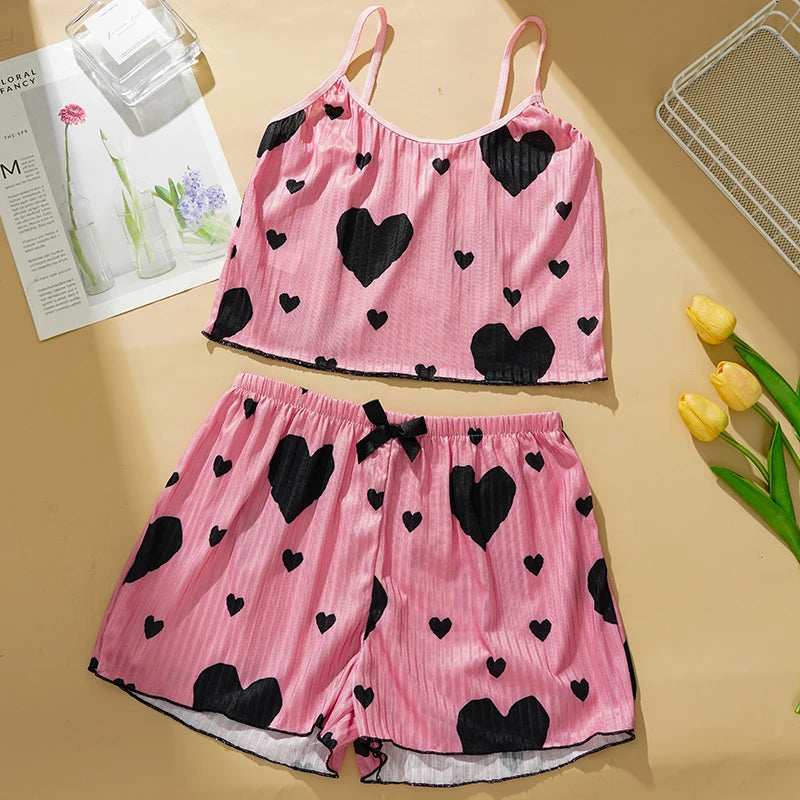 Damen-Pyjama-Set mit Herz-Print, süßes sexy Straps-Top, Shorts, lässiges Heim-Nachtwäsche-Set, bequeme Baumwoll-Loungewear