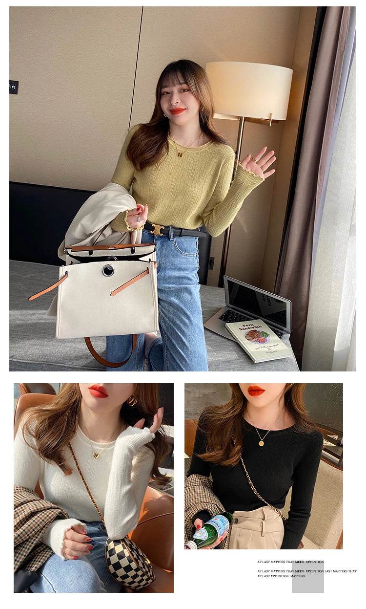 2025Oansatz Rippen Langarm Koreanische Dünne Weibliche Pullover Frauen Pullover Stricken Weiche Jumper Tops Geraffte Herbst Winter Tops