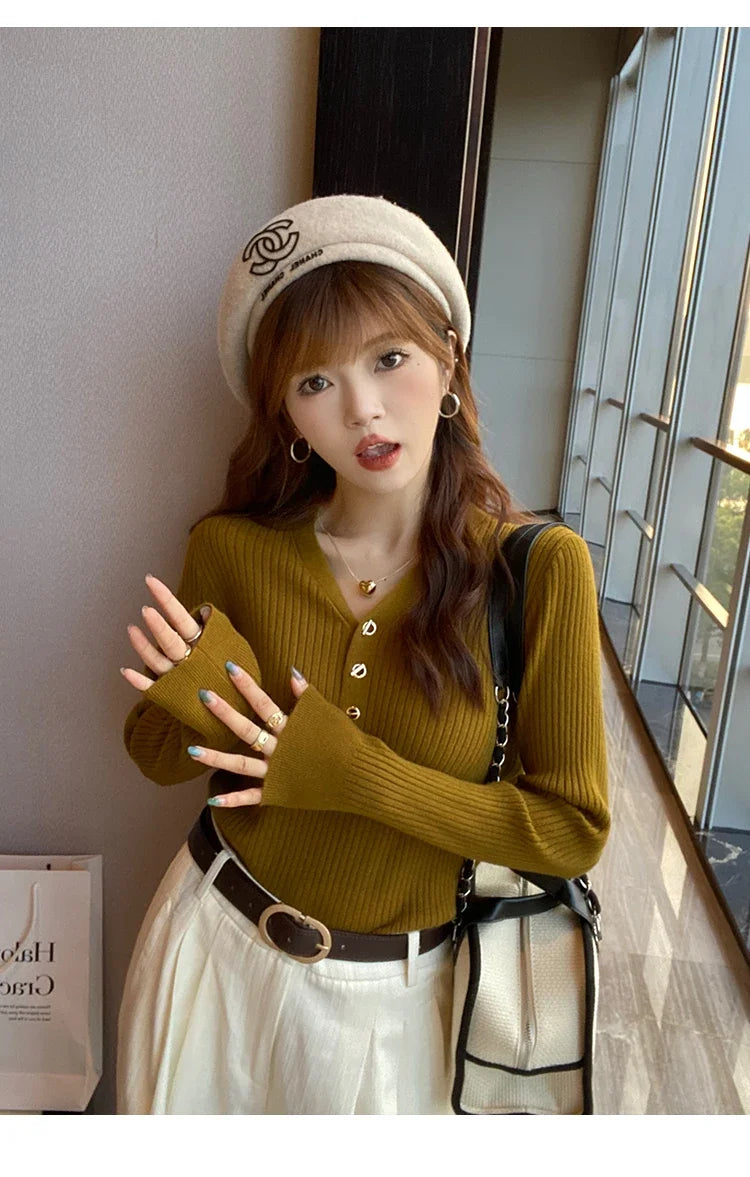 2023 herbst Winter Frauen Pullover Beiläufige Dünne Taste Gestrickte Pullover Pullover Femme Grundlegende Solide Jersey Tops Mode Kleidung