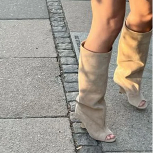2025 New Peep Toe Long Boots Summer Thick High Heels Women's Knee Boots Large Size Shoes Ladies Slip-on Strange Heels Cool Boots.