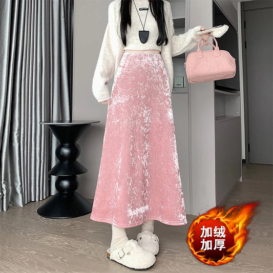 Plush Velvet Midi Skirt - 2025 New High-Waisted A-Line Mermaid Hem Skirt, Fleece-lined, Autumn Winter Thick Velvet Skirt.