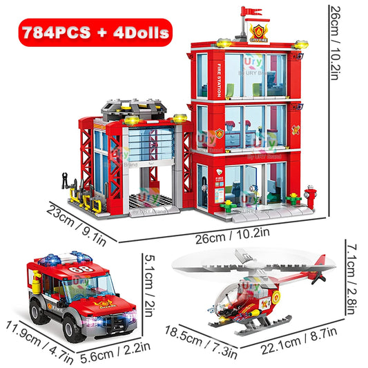 City Fire Station Ladder Truck Helicopter Car Rescue Boat Firefighter Figure Aircraft Model Moc Building Blocks Toy for Boy Gift.