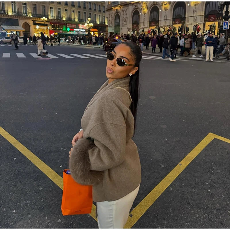 Frauen Mäntel Elegante Revers Plüsch Mit Gürtel Faux Pelz Hülse Tweed Offenen Mantel Weibliche 2025, Herbst Winter Mode Dame streetwear
