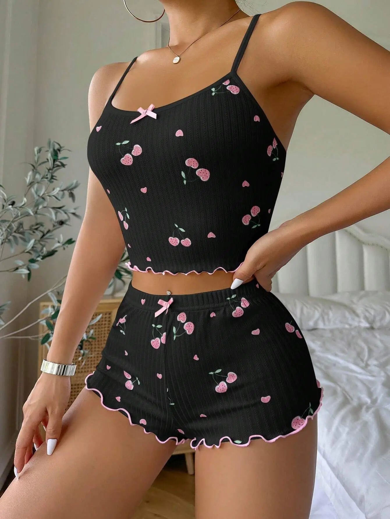 Damen-Pyjama-Set mit Herz-Print, sexy geripptem Schleifendekor, rückenfrei, bequemes Crop-Cami-Top und Shorts mit Rundhalsausschnitt, Sommer-Nachtwäsche
