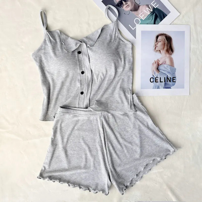Conjuntos De Pijama Neue Sexy Baumwolle Sling Top Shorts Set Bh Pad Sommer Nachtwäsche Pyjamas Für Frauen Hause Tragen Nachtwäsche Anzug