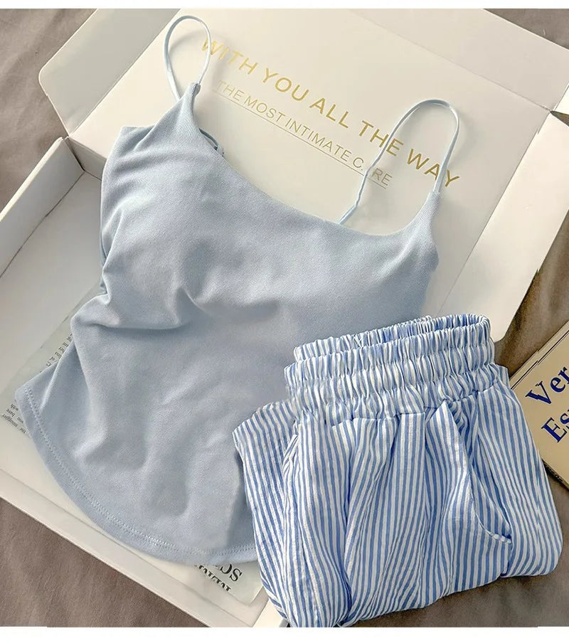 Einfarbiger Pyjama mit Brustpolstern, gestreifte Shorts für Damen, Sommer, dünne Leibchen-Shorts, Loungewear, großer Pyjama, zweiteiliges Set