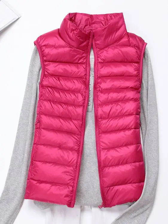 0-10 ℃ Frauen Westen Herbst Winter Ultra Licht Ente Unten Weste Weibliche Dünne Ärmellose Jacke Winddicht Warme Puffer Weste 4XL