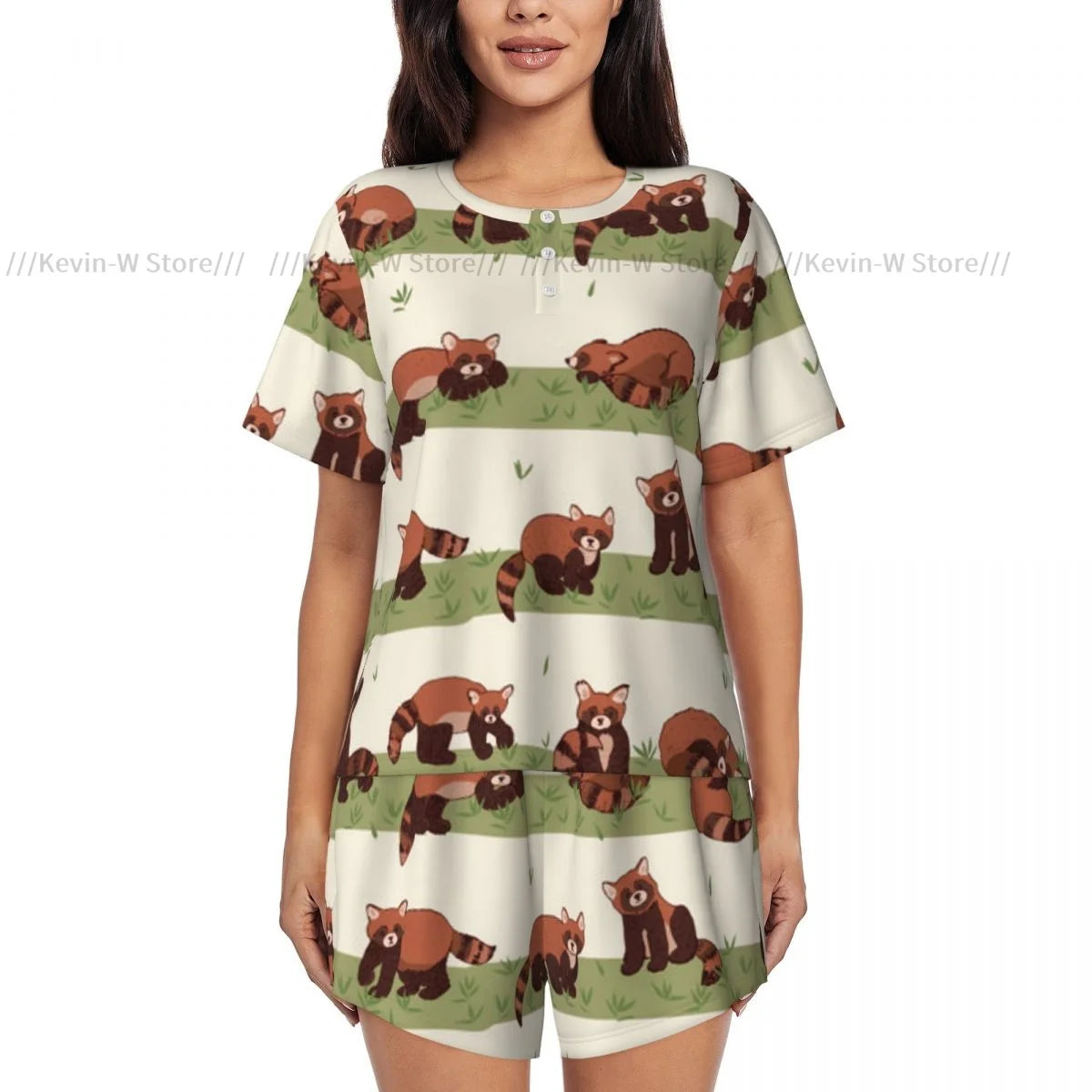Damen-Pyjama mit kurzen Ärmeln, süßer roter Panda, 2-teilig, für Damen, Sommer-Nachtwäsche, Nachtwäsche, Homewear