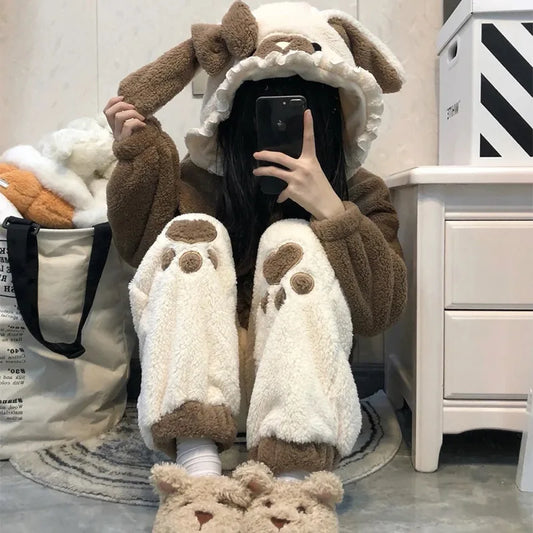 Cute Little Bear Pajamas for Women Thick Warm Fleece Home Wear Set Autumn Nightgown Girls 2025 New Winter Nightclothes 2Pcs.