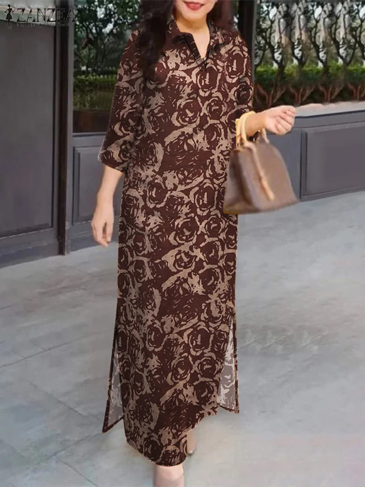 ZANZEA Blumendruck, lässig, lang, Vestidos, reine Baumwolle, Vintage-Stil, Schlitz am Saum, 2024, Herbst-Hemdkleid, 3/4-Ärmel, Damen-Urlaubs-Maxikleid