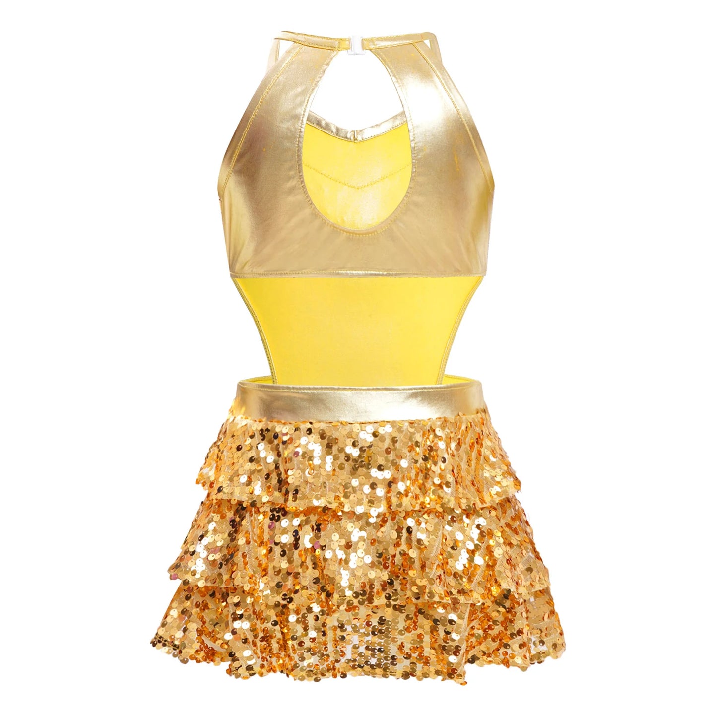 Kinder Mädchen Pailletten Jazz Ballett Tanzkleid Ärmellos Ausschnitt Tiered Rüschen Trikot Salsa Samba Rumba Skating Performance Kostüm