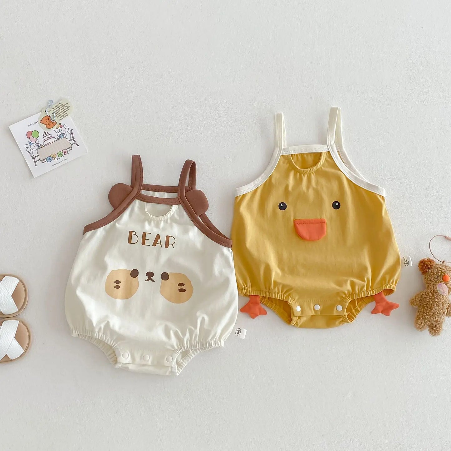0–2 Jahre Baby-Strampler aus Baumwolle mit Tier-Cartoon-Motiv – bezaubernde Enten- und Bären-Designs – weich und bequem für Babykleidung