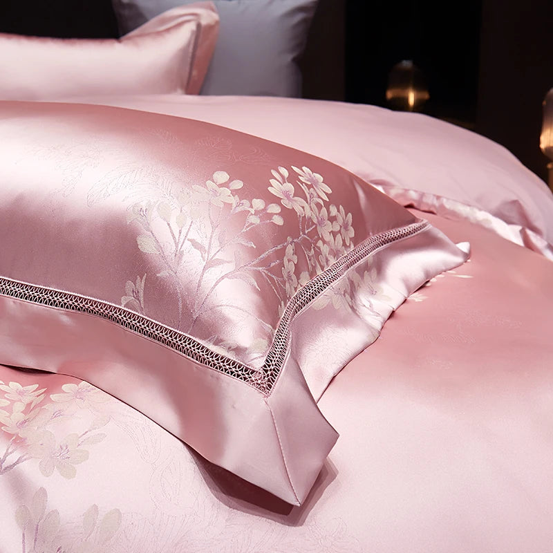 Luxury Satin Jacquard Cotton Bedding Set Gold Leaves Egyptian Cotton Smooth Duvet Cover Set Flat/Fitted Sheet Pillowcases