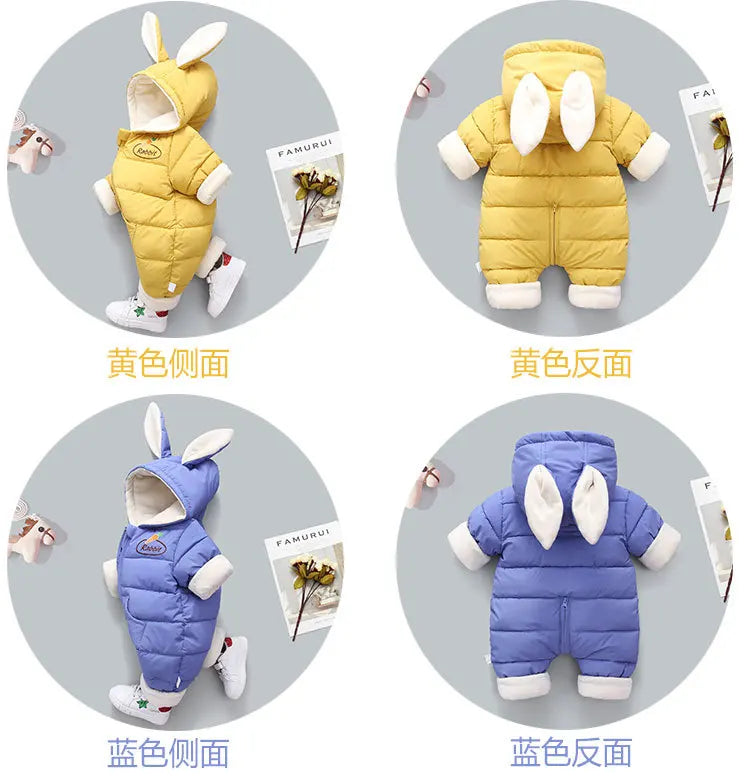 Winter Neue Baby Strampler Jungen Mädchen Patchwork Dicke Plus Samt Overalls Winddicht Mit Kapuze Overalls Schneeanzug Ein Stück Body