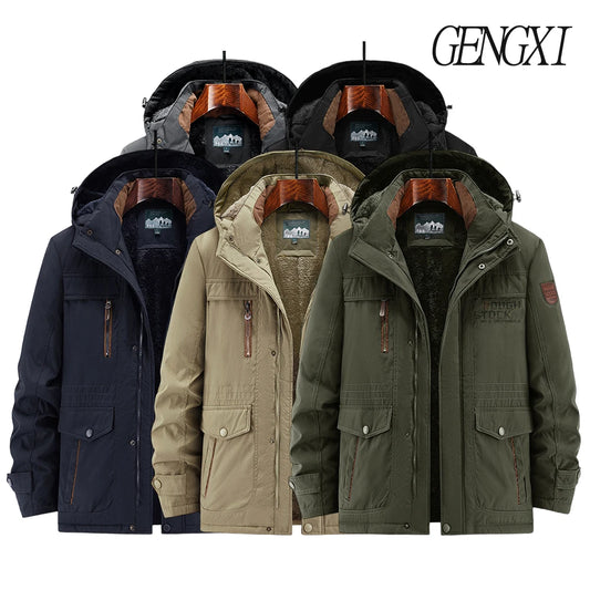 New Autumn/Winter Men's Fleece-Lined Thickened Cotton Coat Casual Vintage Workwear Jacket with Detachable Hood Multiple Pockets.