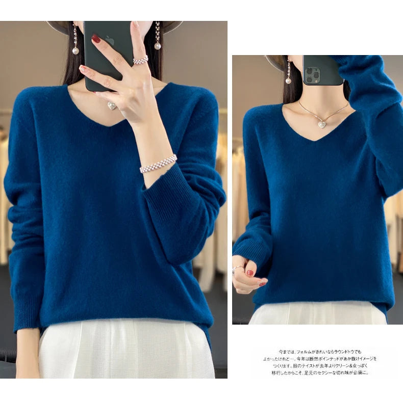 2024 100% Merino Reine Wolle V-ausschnitt Herbst Und Winter Pullover Pullover Neue Kaschmir Pullover frauen Beiläufige Gestrickte Top DMR201