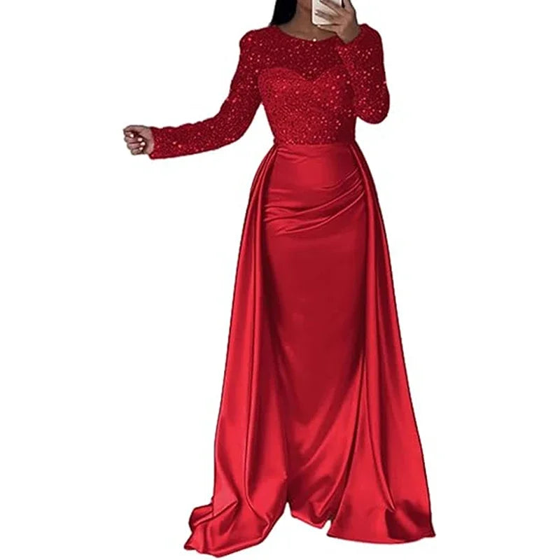 Elegant Satin Sequin Stitching Dress Luxury Glitter High Waist Gala Evening Dress Women Chic Long Sleeve Full Length Party Dress