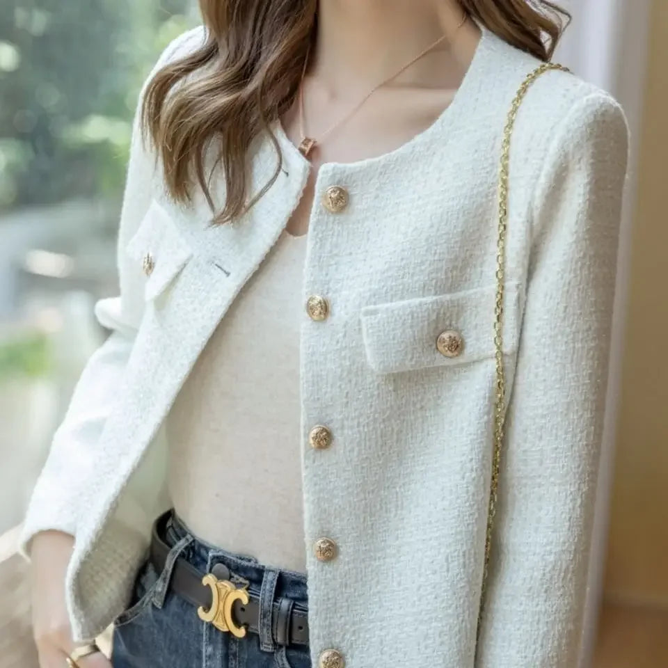 Frühling und Herbst Koreanische Mäntel Frauen Jacke Neue Französisch Wolle Tweed Mantel Mode High-end-Gold Taste Kurze Schlanke temperament