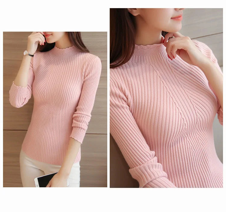 2025 herbst Frauen Mock Neck Rüschen Pullover Langarm Gestrickte Bodenbildung Solide Pullover Streifen Frauen Casual Pullover Winter