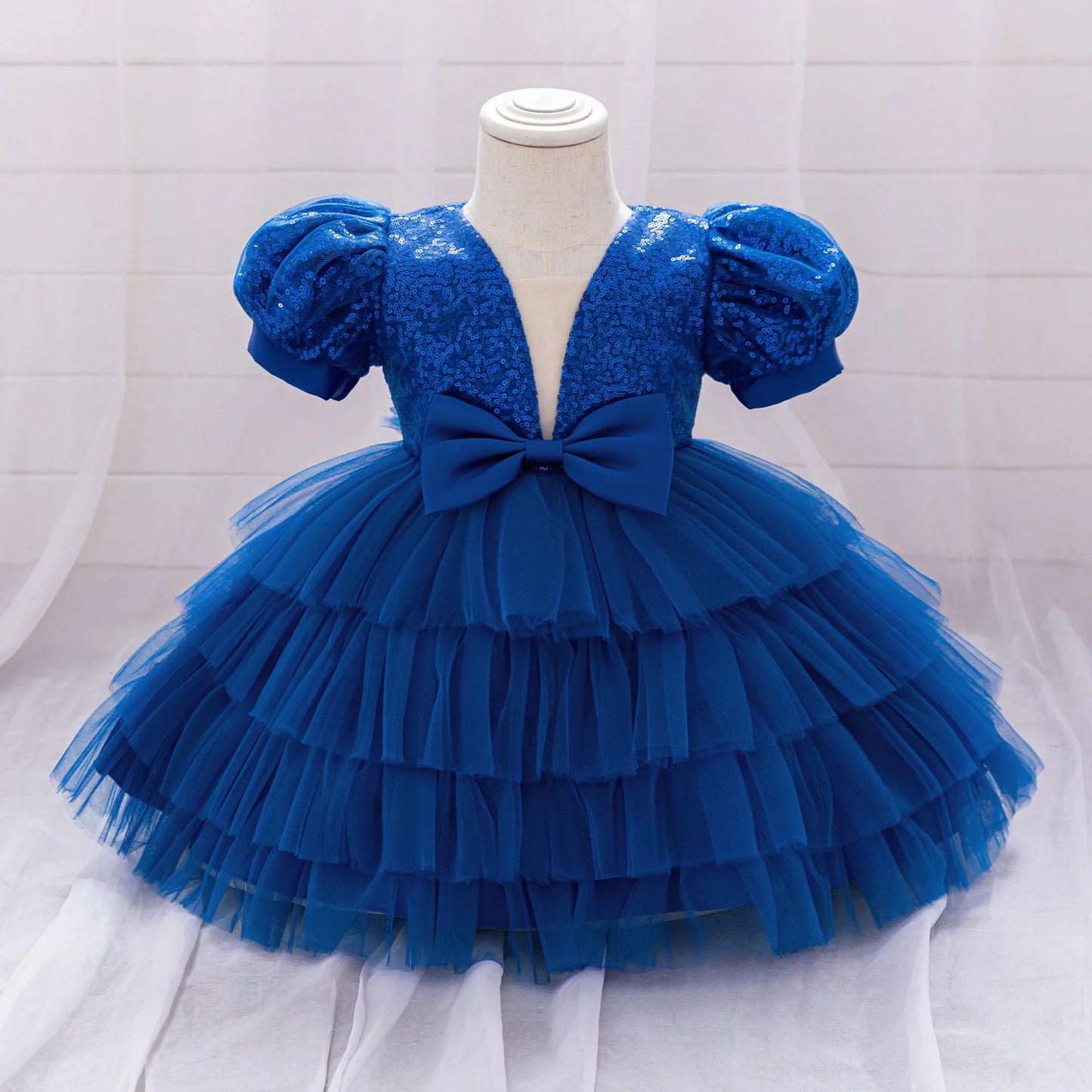 Kinder Abendkleid Pailletten Puffärmel Prinzessin Kleid Mesh Puffed Kleid Geburtstag Party Host Kleid