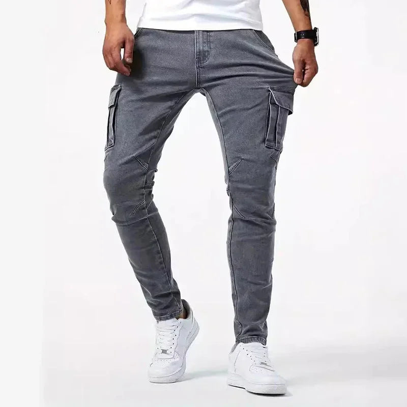 Men Casual Pencil Jeans Male Elastic Multi Pocket Small Slim High Street Denim Pants Wash Solid Color Mid Waist Cargo Jeans.