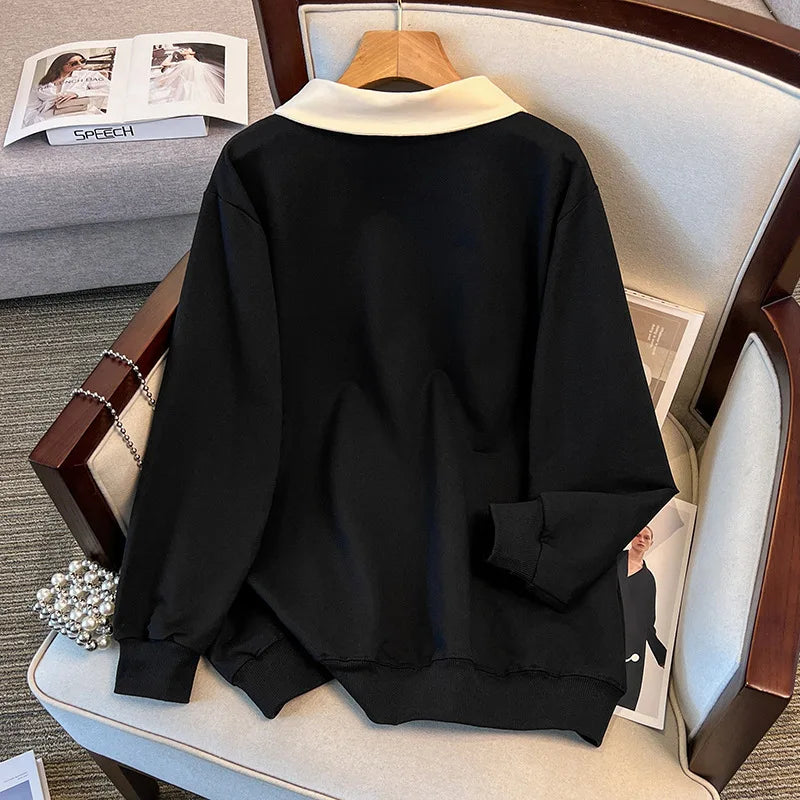 170 kg Plus Size Damen-Büste 170 Frühling Herbst Loose Diamond Collared Sweatshirt Schwarz 4XL 5XL 6XL 7XL 8XL 9XL